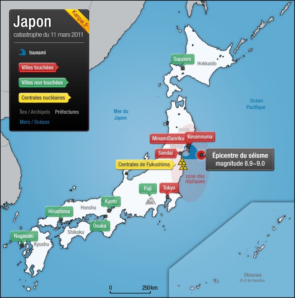 Carte du séisme, des zones des répliques et du tsunami