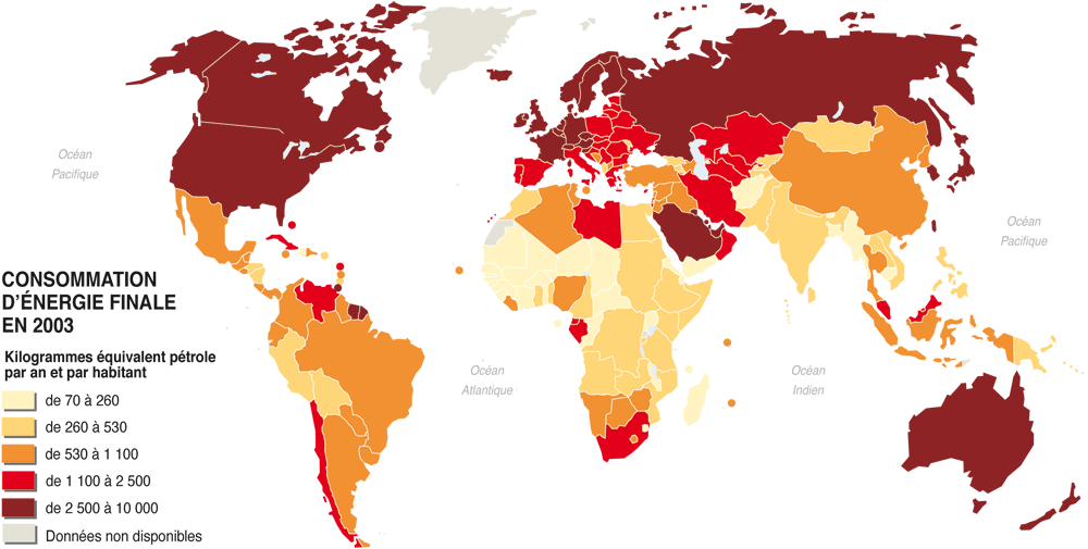 Consommation d'énergie en équivalent pétrole dans le monde en 2003.