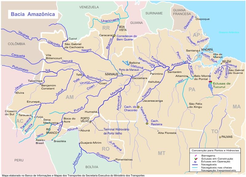 Carte du réseau fluvial de l'Amazonie avec les écluses et les barrages.