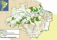 Carte des nouvelles réserves protégées de l'Amazonie légale après 2003, avec les autoroutes nationales, les zones déjà protégées et les zones de déforestation.