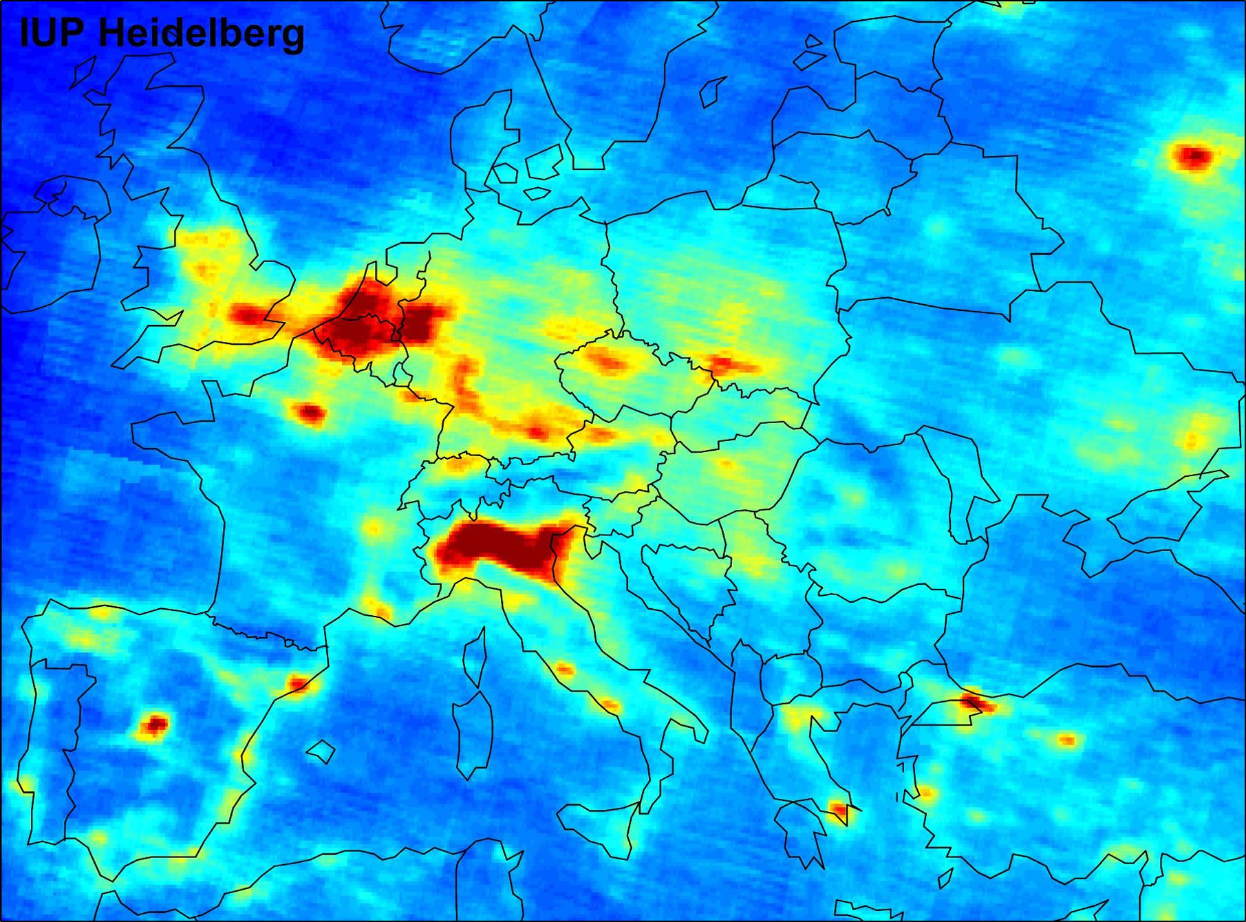 Carte du dioxyde d'azote NO2 dans l'air en Europe.