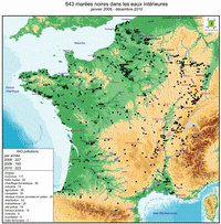 Carte des marées noires en eaux intérieures en France entre 2008 et 2010
