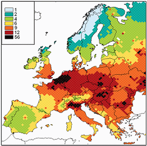 Moyenne des pertes d'esperance de vie en Europe à cause de la pollution atmosphérique